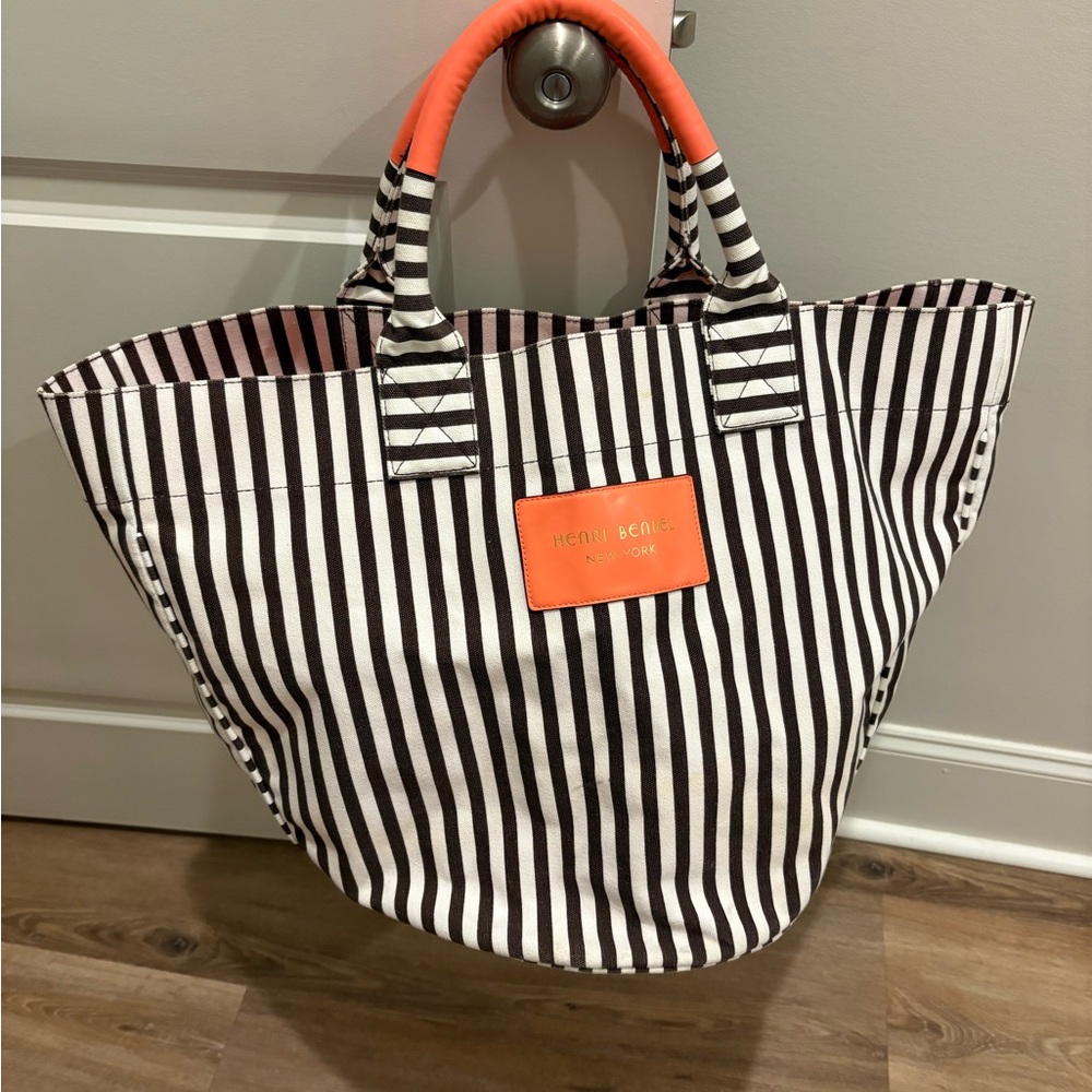 Henri Bendel Brown and White Striped Tote with Orange Accents